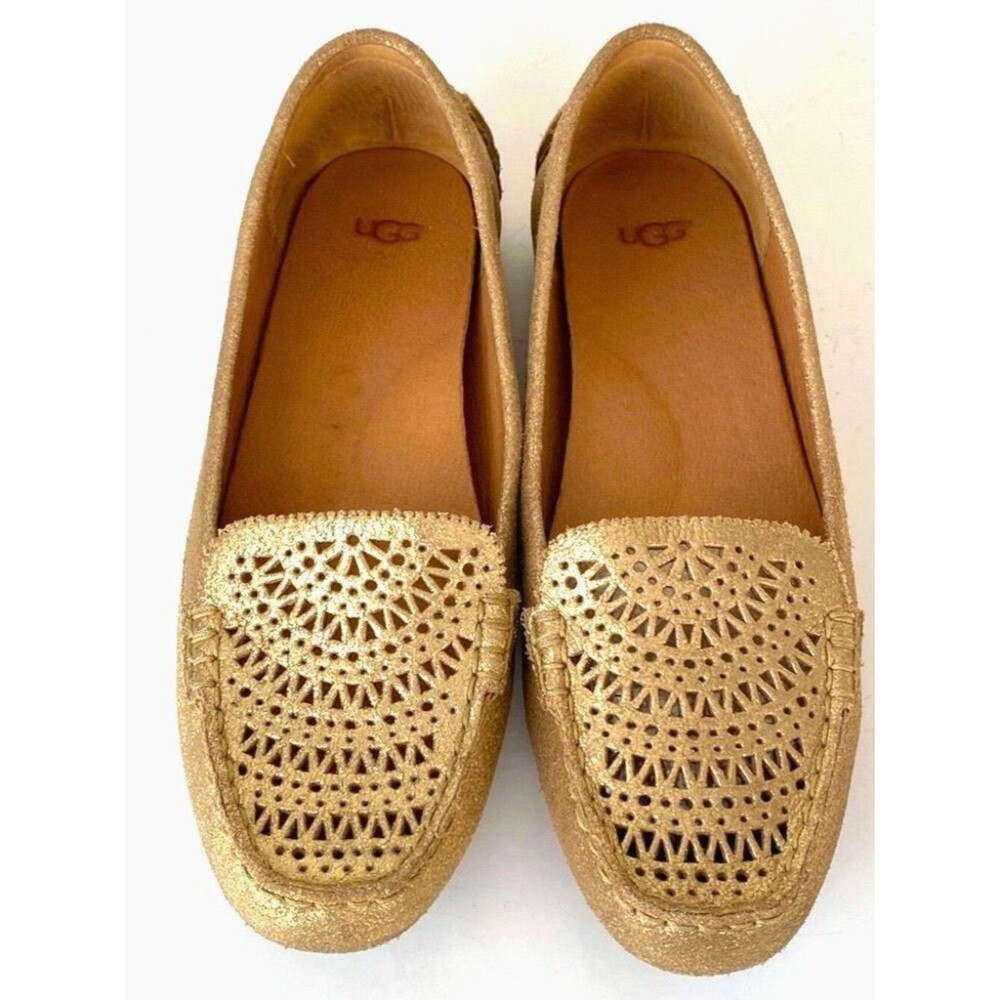 UGG Women's Metallic Shimmering Gold Driving Loafer Flats Laser Cutouts Sz 9.5